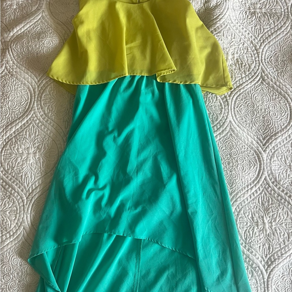 Yellow and Teal High-Low Layered Dress